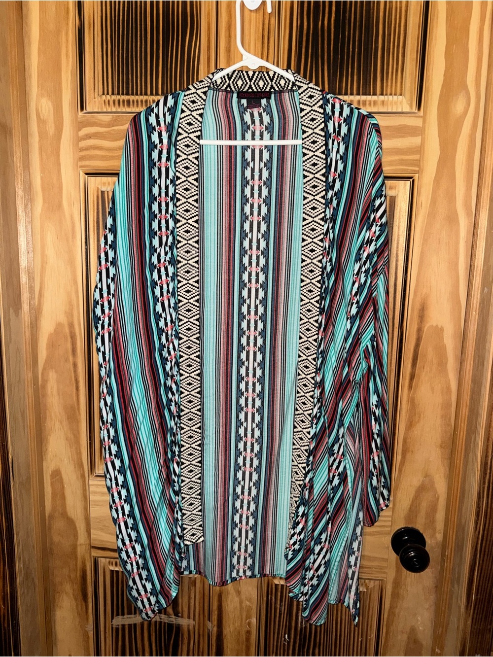Rock & Roll Denim | Striped Open Front Cardigan in Teal & Burgundy